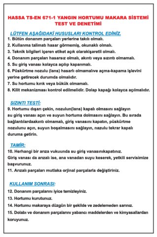 HASSA TS-EN 671-1 YANGIN HORTUMU MAKARA SİSTEMİ TEST VE DENETİMİ
